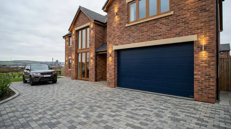 Modern brick home with a dark blue sectional garage door