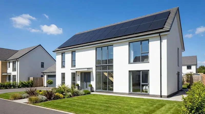 Modern detached home with rooftop solar panels