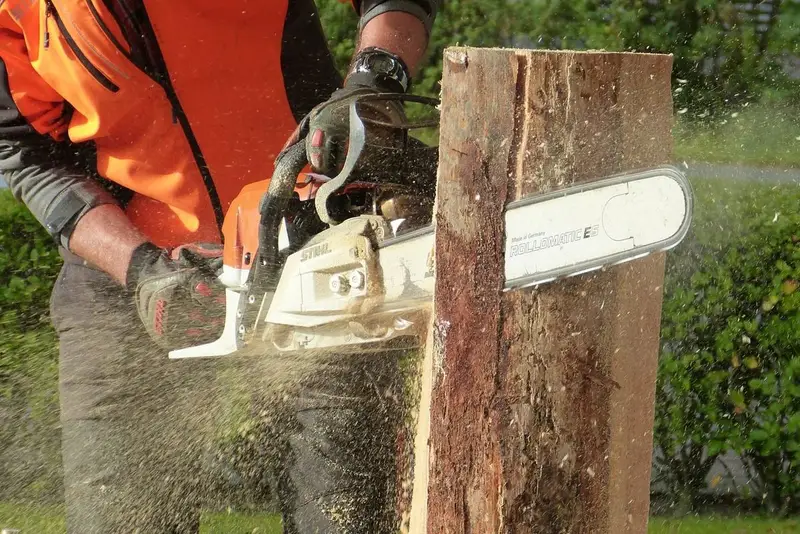 Tree surgeon in hi-vis cutting through a trunk with a chainsaw
