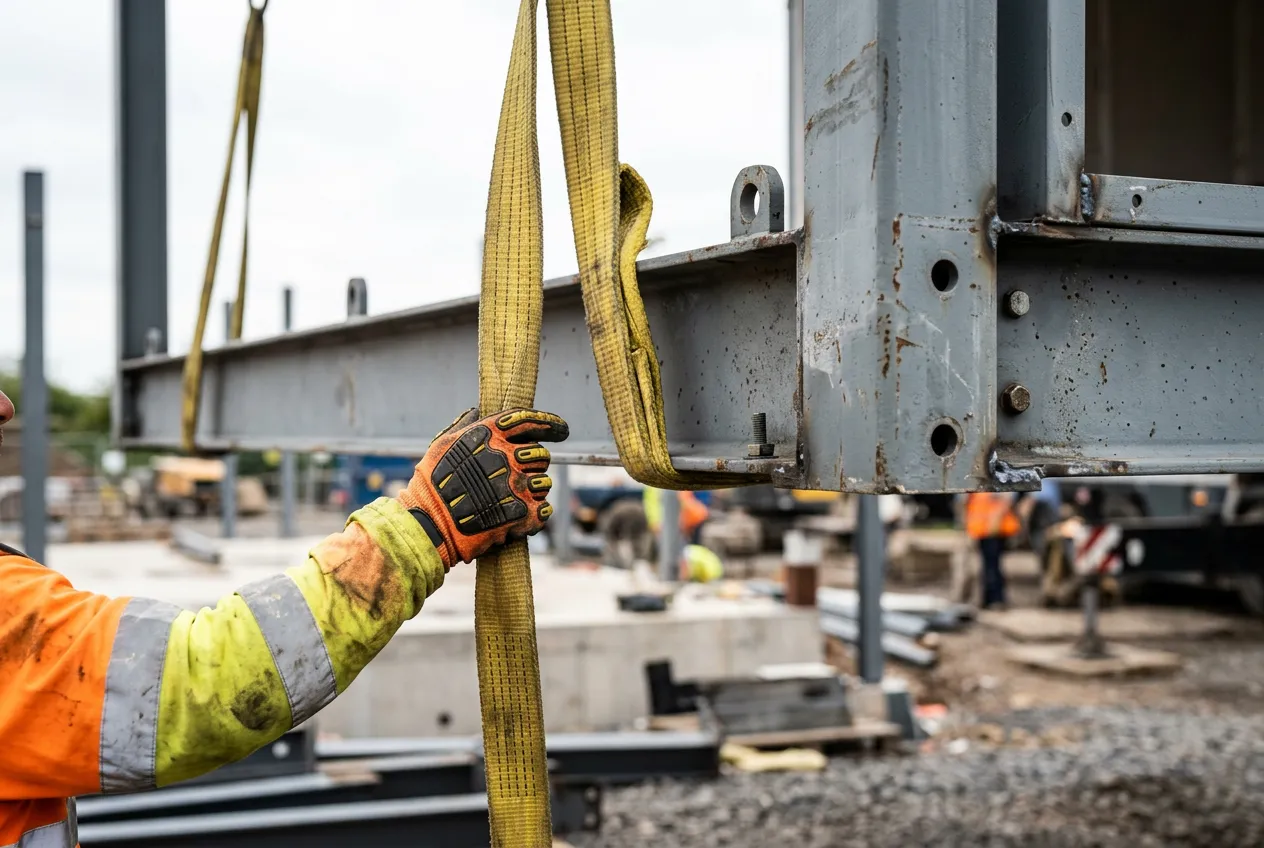 Close-up of steel-framed modular building units being craned into position on a construction site